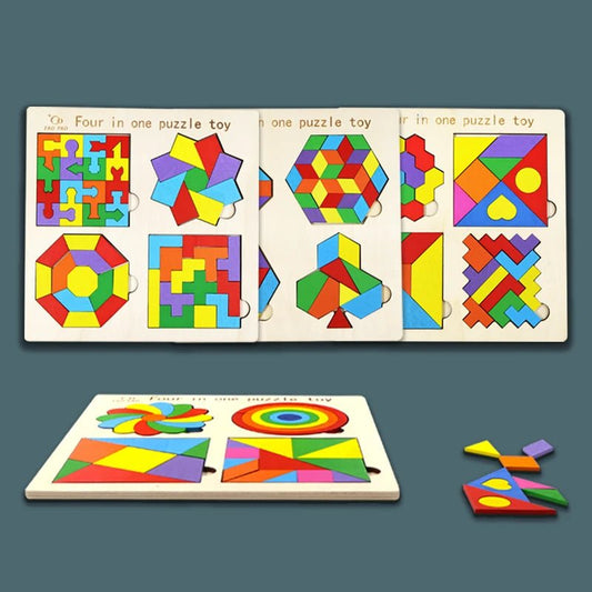 4 in 1 Montessori Tangram Jigsaw Puzzle Toy Wooden Geometric Shape Colorful Cognition Puzzle Wood Building Blocks Gifts for Kids - InnovaCuisine