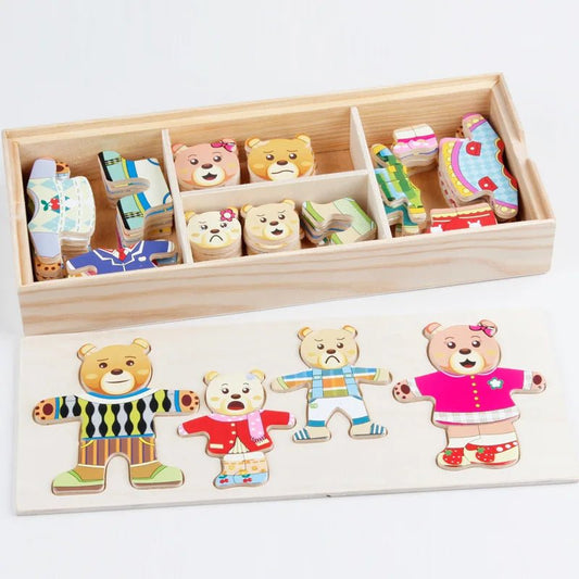 QWZ Little Bear Change Clothes Children's Early Education Wooden Jigsaw Puzzle Dressing Game Baby Puzzle Toys For Children Gift - InnovaCuisine
