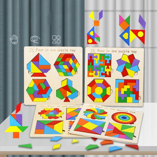 4 in 1 Montessori Tangram Jigsaw Puzzle Toy Wooden Geometric Shape Colorful Cognition Puzzle Wood Building Blocks Gifts for Kids - InnovaCuisine