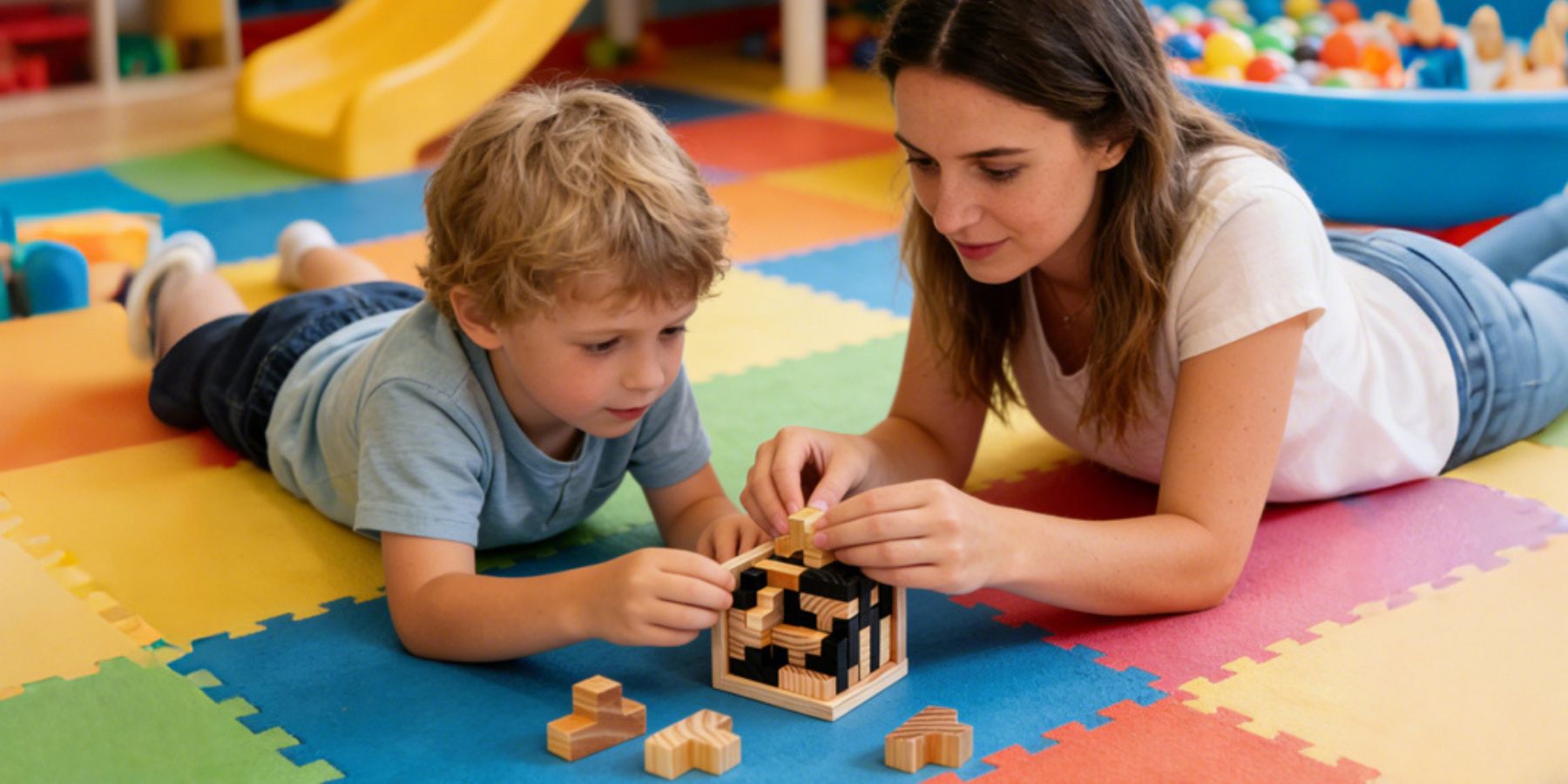 Enfant jouant avec un puzzle logique en bois pour développer concentration et raisonnement spatial.