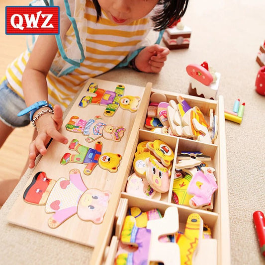 QWZ Little Bear Change Clothes Children's Early Education Wooden Jigsaw Puzzle Dressing Game Baby Puzzle Toys For Children Gift - InnovaCuisine